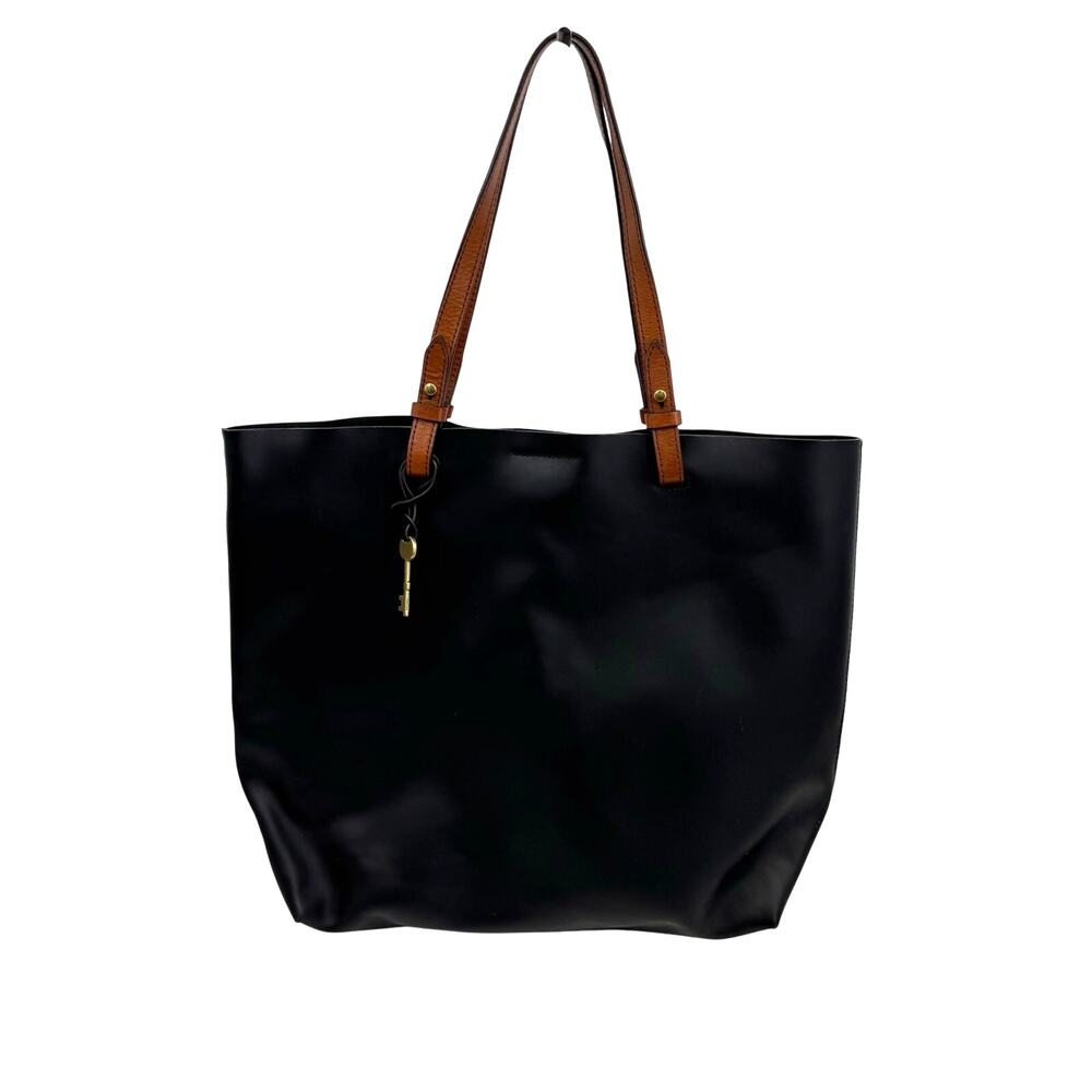 Fossil Black Tote with Brown Leather Straps